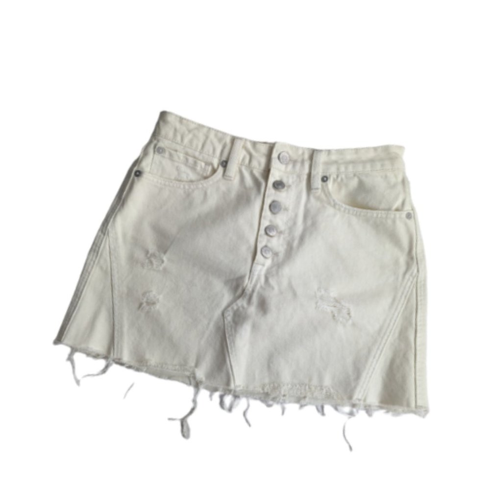 Free People We the Free Distressed Denim A-Line Mini Skirt 27